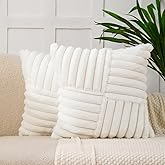 All Smiles Couch Decorative Throw Pillow Covers 16x16 Set of 2 Faux Fur Plush Soft Fluffy Velvet Cushion Case Cozy Fuzzy Striped Pillowcase Home Decor for Bed Sofa Living Room,Cream White