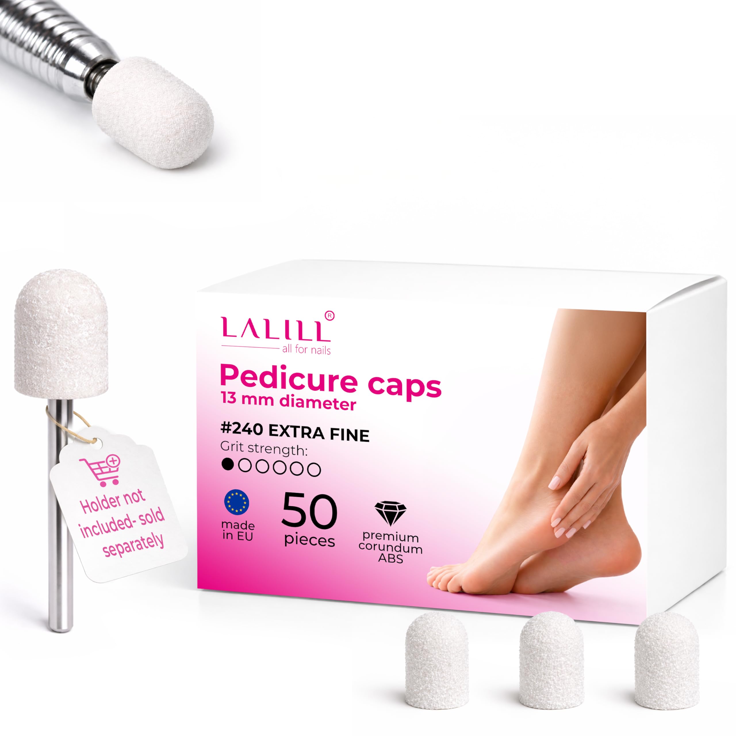 LALILL Sanding Caps LUX Pack of 50 - White Cutter Caps for Nail Cutters - Manicure, Pedicure & Podiatry - Attachments for Foot Care, Callus Removal, Nail Modeling, 13 mm 240 Grit