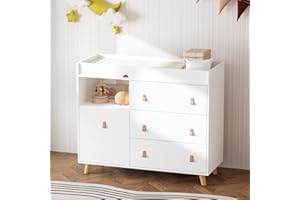 ROMSHINE Baby Dresser with Changing Table Top, 4 Drawers Nursery Dresser with Removable Guard, Infant Diaper Changing Station Baby Cloth Organizer for Nursery and Kids Bedroom, White - 44.9" W