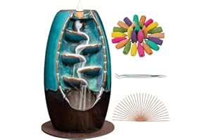 DAILYLIFE Backflow Incense Burner and Ceramic Incense Holder Waterfall, with 120 Mixed Backflow Incense Cones, 30 Incense Sticks, 1 Decorative Pad, 1 Tweezer, Home Decor Aromatherapy Ornament, Blue
