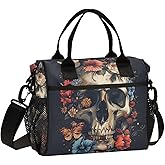 ALAZA Vintage Skull Flowers and Butterfly Insulated Lunch Bag for Women Men,Reusable Cooler Tote Shoulder Bag for Picnic Camping Work Office Beach College