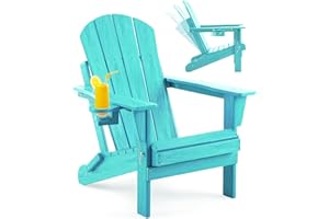 Serique Adjustable Folding Adirondack Chair with Wood Texture, Weather Resistant HDPE Reclining Chair, Oversized Patio Chair with Cup Holder for Patio, Yard, Lawn, Garden, Deck (Lake Blue)