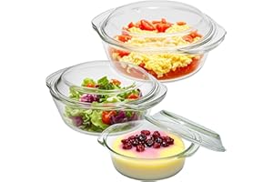 3 Sets Glass Tureen Dishes for Oven with Lids, Durable Borosilicate Glass Covered Bakeware Set, Microwave Safe, Versatile Rou