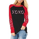 Valentines Shirts for Women Love Letter Print T Shirt Funny Sequin Valentine XOXO Graphic Long Sleeve Causal Tee Tops