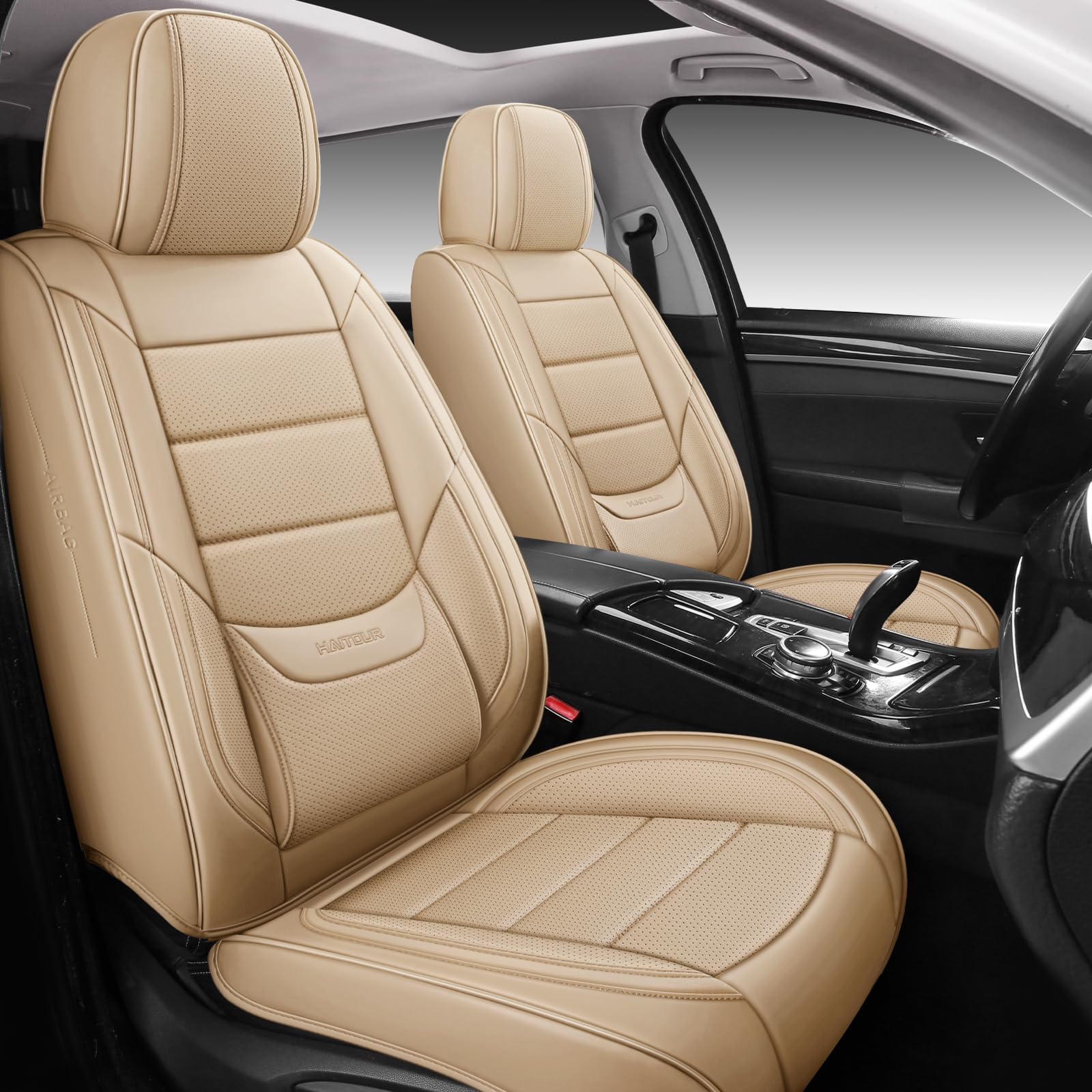 Photo 1 of HAITOUR Full Coverage Leather Car Seat Covers Full Set Universal Fit for Most Cars Sedans Trucks SUVs with Waterproof Leatherette in Automotive Seat Cover Accessories(Beige)