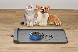 CARRY360 Dog Food Mat - Silicone Dog Mat for Water - 19" x 12" Pet Feeding Mats with Residue Collection Pocket - Waterproof Cat Bowl Mat with High Edges to Prevent Water Food Spills (Gray)