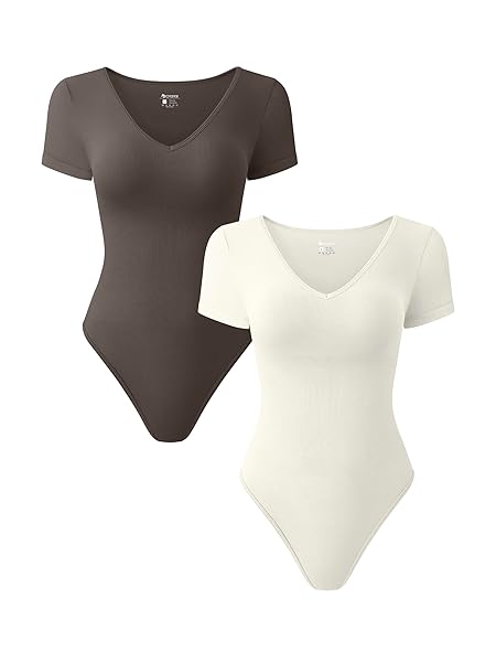 OQQ WOMEN 2 PIECE BODYSUITS SEXY RIBBED SHORT SLEEVE V NECK STRETCH TANK TOPS BODYSUITS TEA LEAF BEIGE