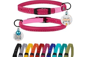 BRONZEDOG Cat Collar with Bell Kitten Rolled Leather Collars Safety QR ID Name Tag (Pink Berry)