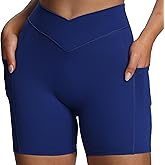Aoxjox Polly Workout Biker Shorts with Pockets for Women Crossover High Waisted Hidden Scrunch Gym Running Yoga Short 6"
