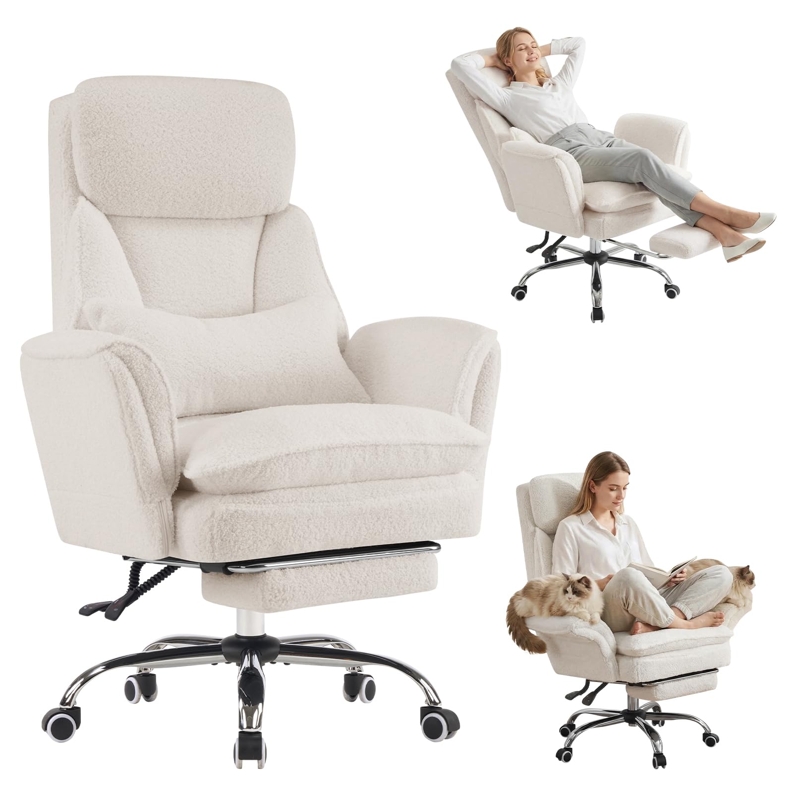 Ckaff Bürostuhl Chefsessel Ergonomisch, Gaming Stuhl mit 5-Stufig Verstellbare Armlehnen & Fußstütze, Schreibtischstuhl mit Verstellbarer Rückenlehne & Lendenwirbelstütze aus Teddy Stoff, Weiß 8
