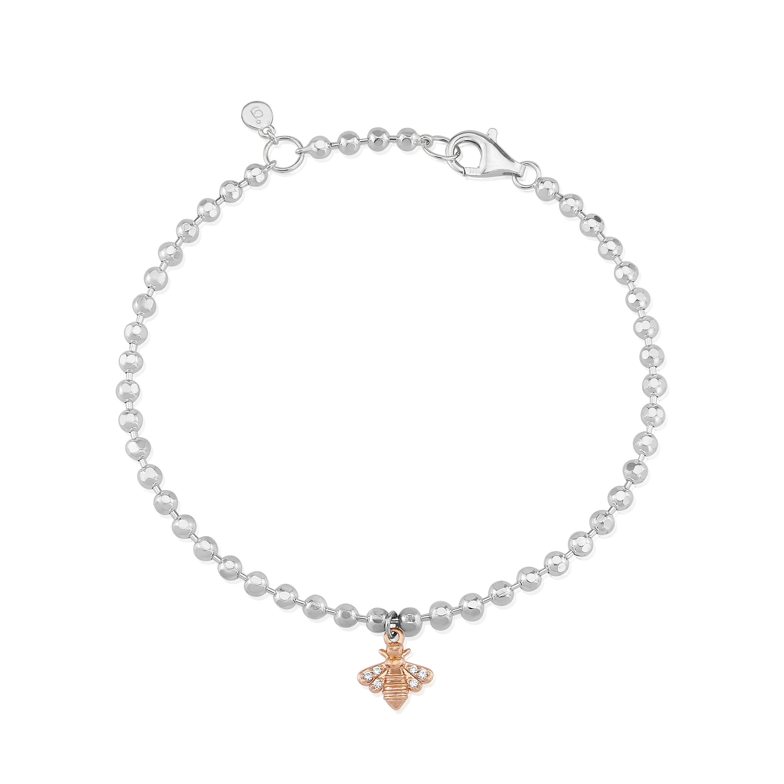 Gemma J Sterling Silver Sparkly Bee Bracelet - beaded bracelet with adjustable length and a rose gold Bee charm.