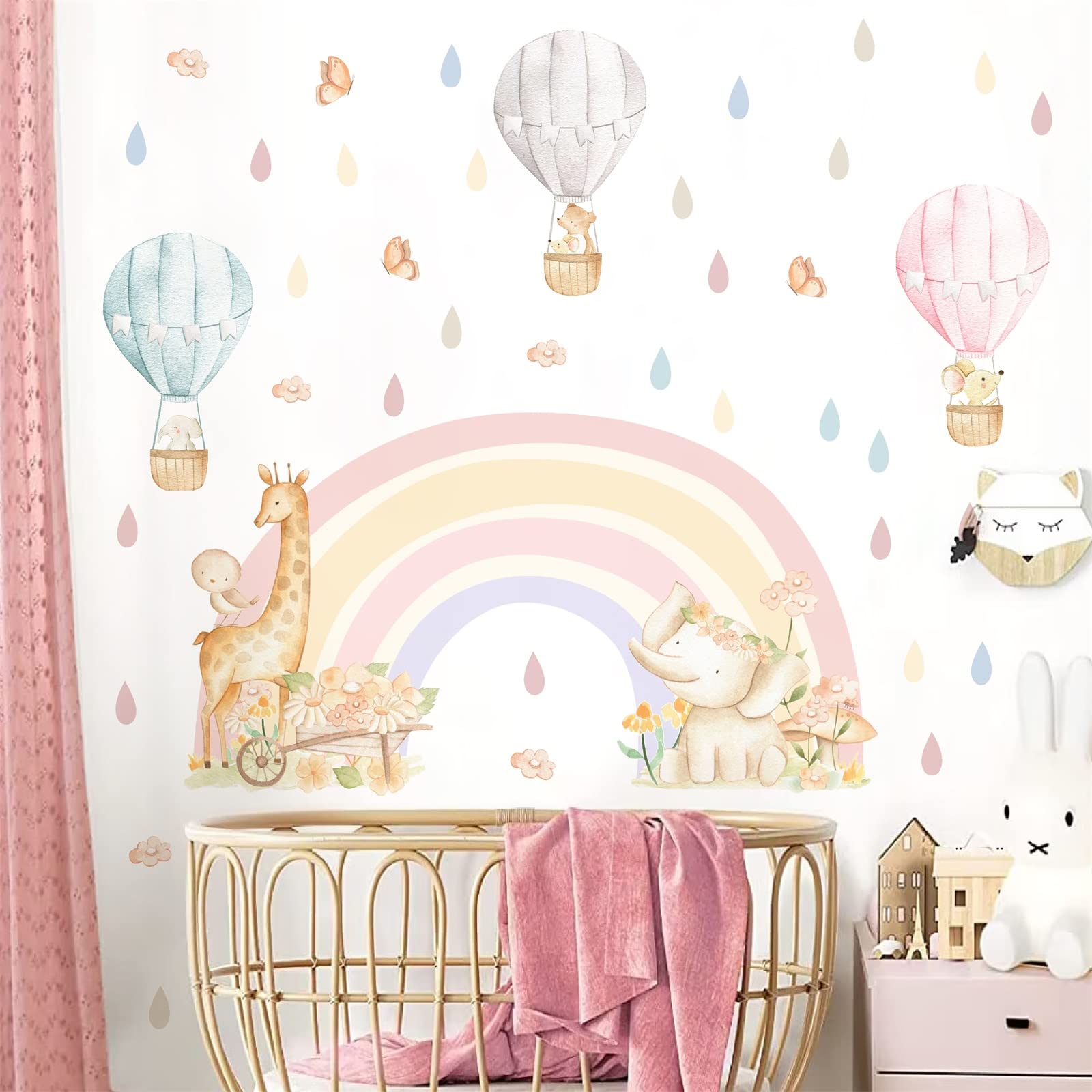 Baby Girls Wall Decals Rainbow Wall Stickers Nursery Wall Decals Rainbow Jungle Animal Wall Stickers Hot Air Balloon Wall Decals Removable Giraffe Elephant Art Sticker for Kids Bedroom Playroom Decor