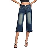 Myzellia Womens Capris Wide Leg Stretchy High Waisted Frayed Hem Loose Denim Jeans