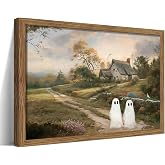 Vintage Landscape Ghost Wall Art, Country Halloween Gothic Cute Ghost Wall Decor Paintings, Retro Farmhouse Rustic Posters Prints Pictures for Living Room Bedroom Home Decor 8x10 Inch Wood Framed