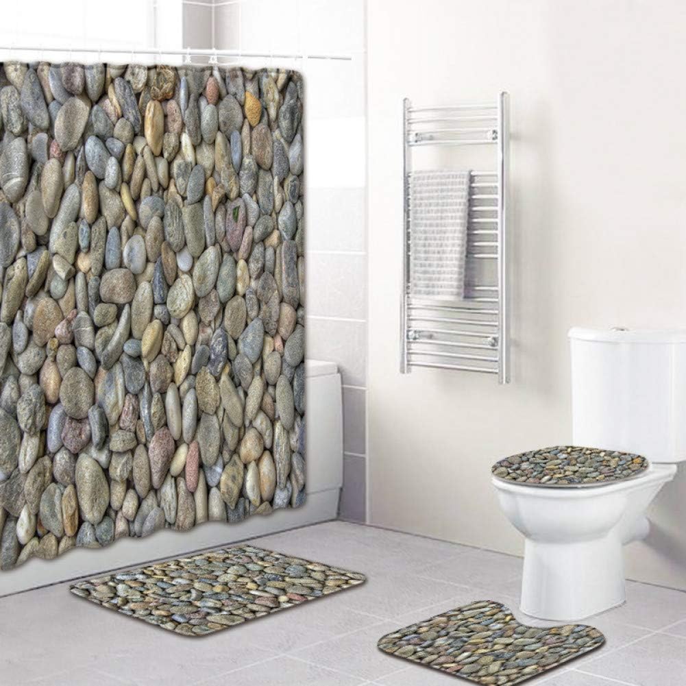WWZEMLK Three-piece toilet Stone Pattern 4 Piece Shower Curtain for Bathroom Carpet 3D Bath Mat Set Anti Slip Toilet Rug Set Fleece Seat Cvoer Blanket