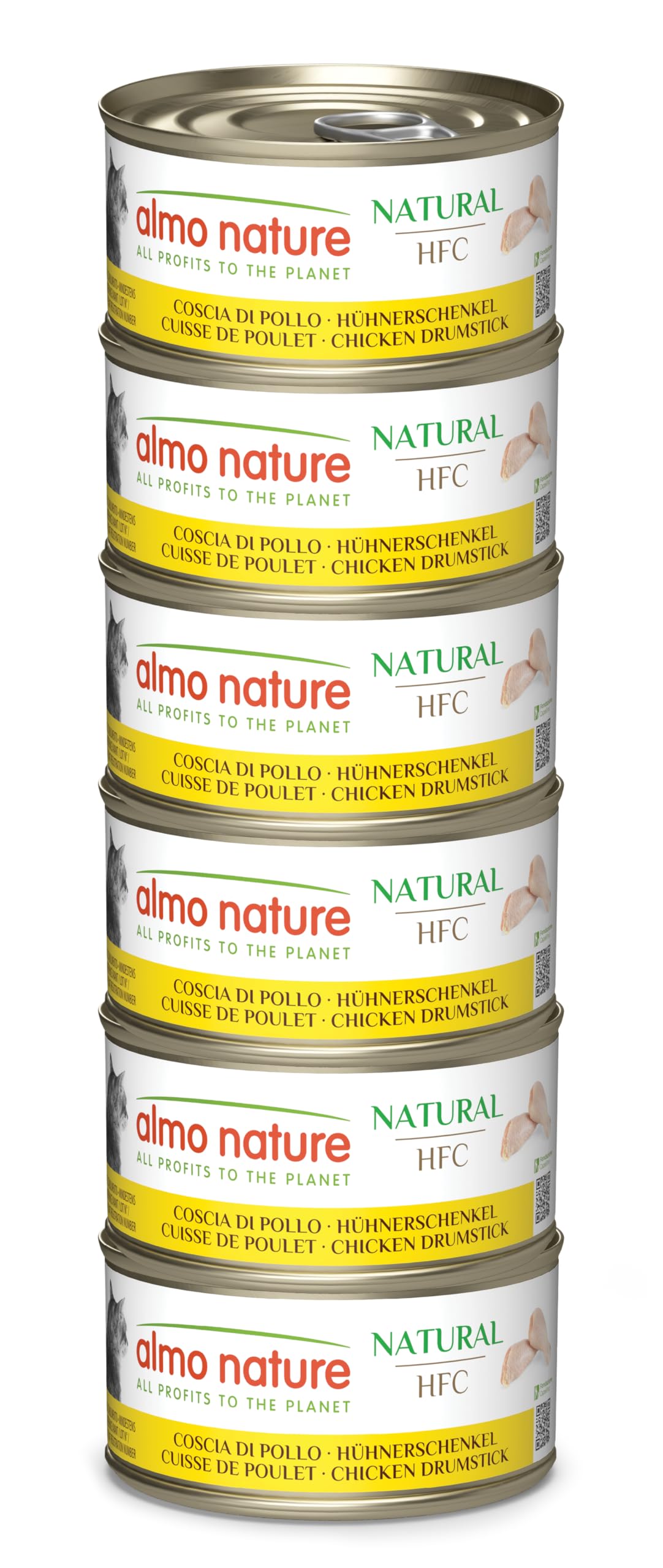 Almo Nature HFC Natural - Wet Cat Food - Chicken Drumstick - Human Grade, Gluten Free, Monoprotein - 70g, Pack of 6