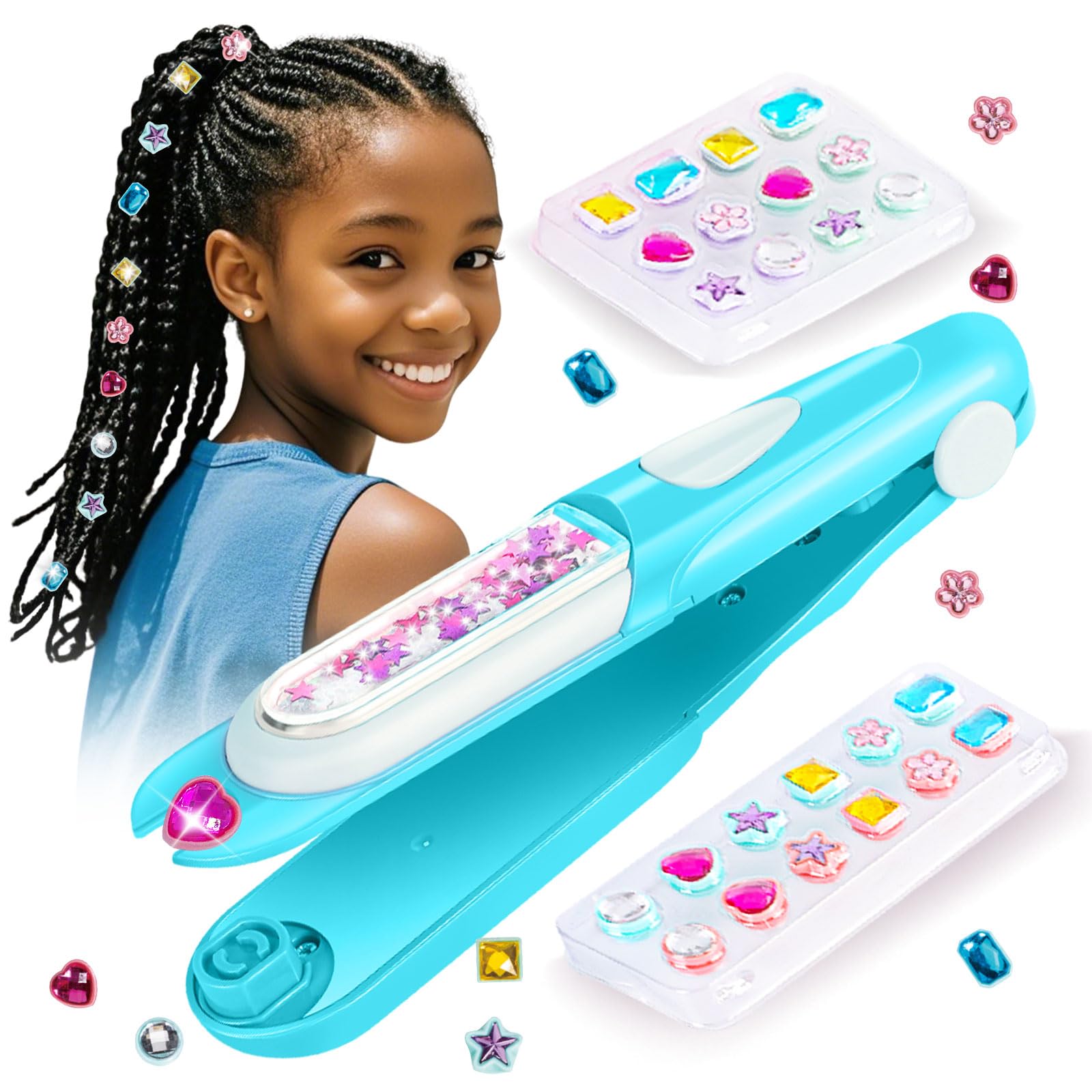 kidzkube Kids Hair Gem Stamper Kit, Quick Gems Hair Jeweler, Bling Hair Jewels for Girls Toys, Hair Styling Tool with Reusable Shining Diamonds, Birthday Gifts Toys for Girls (Blue)