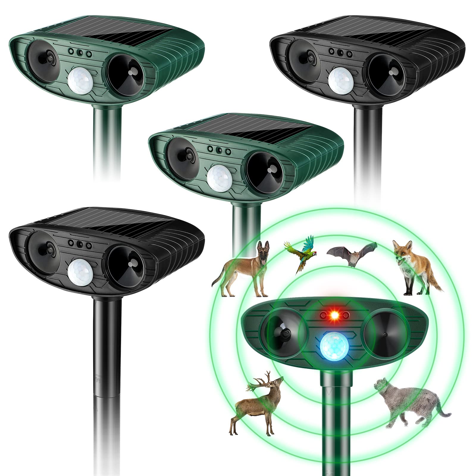 Photo 1 of Kittmip Ultrasonic Animal Repellent Outdoor Solar Powered Repeller Cat Dog Squirrels Deer Deterrent Waterproof Motion Sensor Deterrent for Yard Garden Rabbit Fox Pest (Black, Green,4 Pieces)