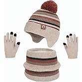 Kids Winter Hat Gloves Scarf Set,Beanies with Earflap Pompom Neck Warmer Touchscreen Gloves Fleece Lined for Boys Girls 4-10Y