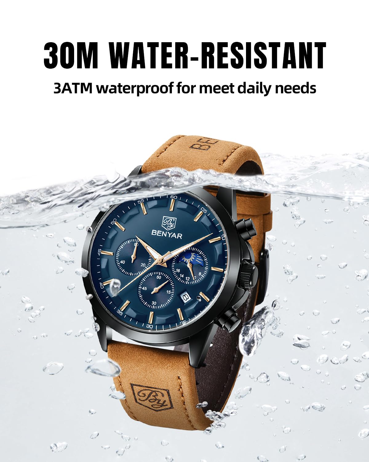 BENYAR Herren Uhr Chronograph Analog Quarz Wasserdicht Leuchtende Datum Herrenuhren Stilvolle Lederband Armbanduhr Elegantes Business Uhren Geschenk für Männer