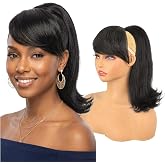 Rafabcici Yaki Drawstring Ponytail with Bangs 14 Inch Black Brown | One Piece,Three Ways to Wear Yaki Straight Flick, Clip in Side Bangs, Synthetic Hairpiece,Fluffy Flip Ends,For Black Women