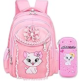 Mysticbags Girl's Cat Printed School Bookbag Primary Students Backpack, Pink, Large