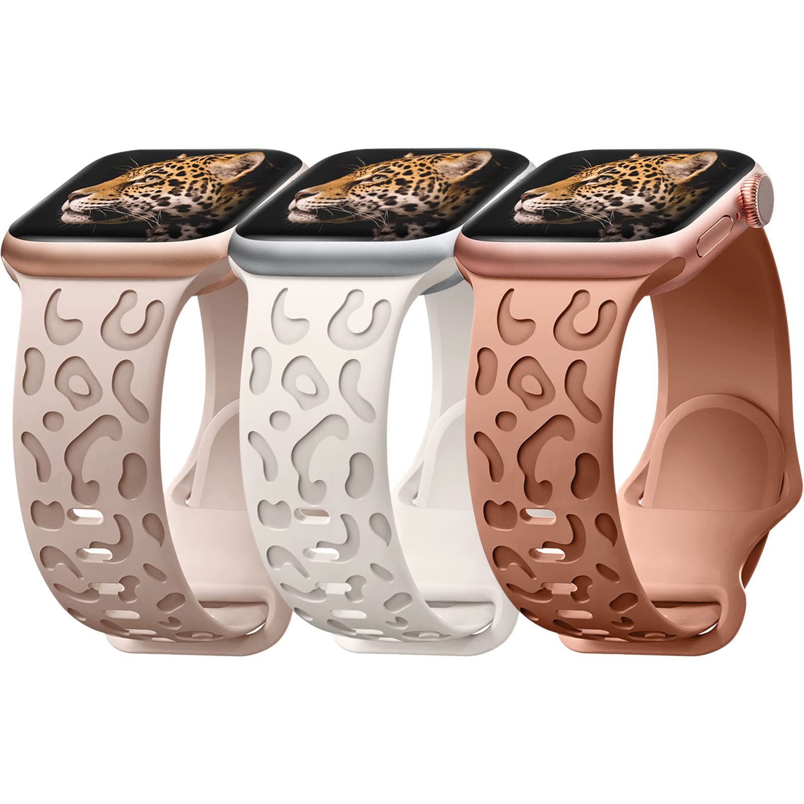 3 Pack Leopard Engraved Strap Compatible with Apple Watch Straps 38mm 40mm 41mm 42mm 44mm 45mm 49mm Women Girls, Soft Silicone Designer Replacement Straps for iWatch Series Ultra SE 9 8 7 6 5 4 3 2 1