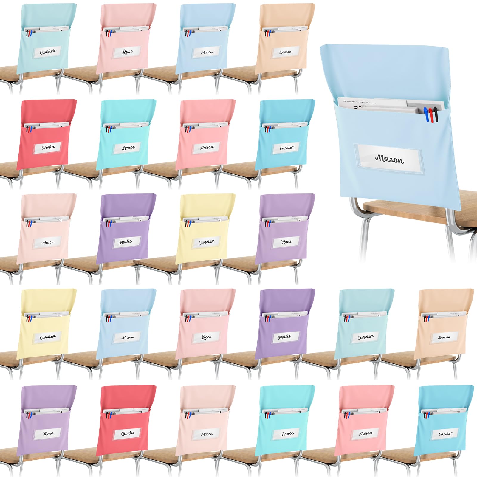 Photo 1 of Yeyeplum 24 Pcs Chair Pockets for Classroom Chairback Pocket Chart 14 x 18 Inch Desk Organizer Pocket Chair Bag for Seat Kindergarten School Classroom (Pastel,Classic)