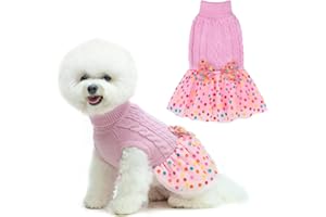 BEAUTYZOO Cable Knitted Small Dog Sweater Dress with Bowtie for Small Medium Dogs Girls Birthday Costume, Spring Warm Turtleneck Pullover Knitwear, Doggie Tutu Skirt Dresses Clothes for Yorkie Puppy