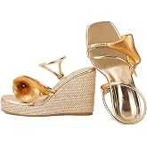 LACIKOS Flowers Wedge Sandals For Women Strappy Raffia Platform Heels | Comfortable Open Toe Espadrilles Casual Ankle Wrap Beach Vacation Wedding