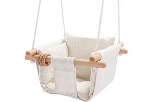 Mlian Secure Canvas and Wooden Baby Hanging Swing Seat Chair Indoor Outdoor Hammock Backyard Outside Kids Toys Swings 6-36 Months with Lace Décor Cushion Natural Ring, Beige
