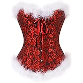 LYSINK Women Christmas Bustier Corset Top Fur Trim Lace Up Boned Overbust Waist Training Shaper Lingerie Cosplay Costume