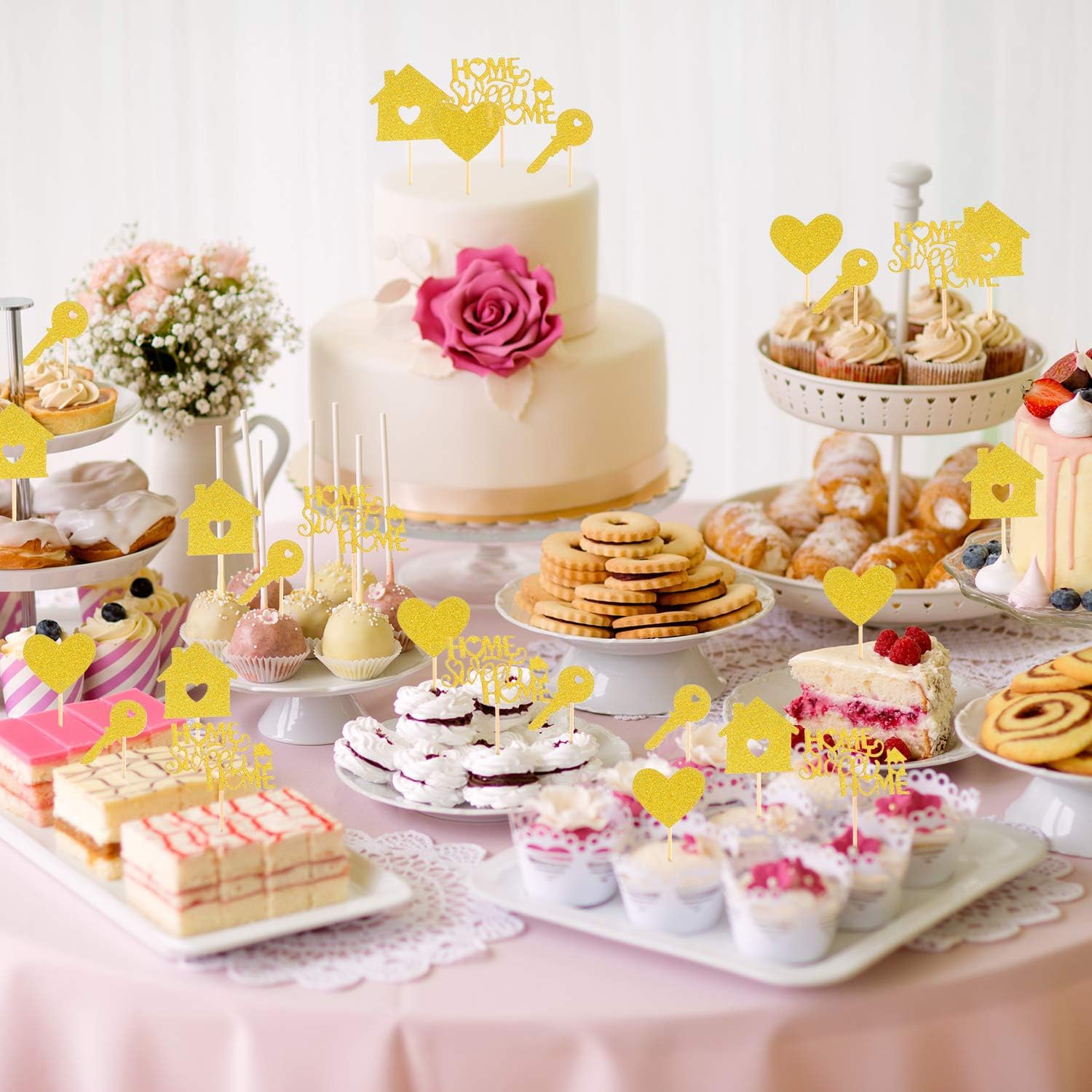 Decorations Decorations De Gateau 55 Pieces Glitter Cupcake Toppers De Pendaison De Cremaillere Et 2 Pieces Banniere Bienvenue A La Maison Home Sweet Home Banniere Pour Les Fournitures De Decoration De Fete