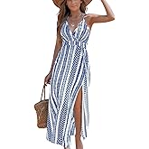 CUPSHE Women Halter Backless Summer Dresses Spaghetti Strap Side Slit Casual Beach Sundress Holiday Vacation Maxi Dress
