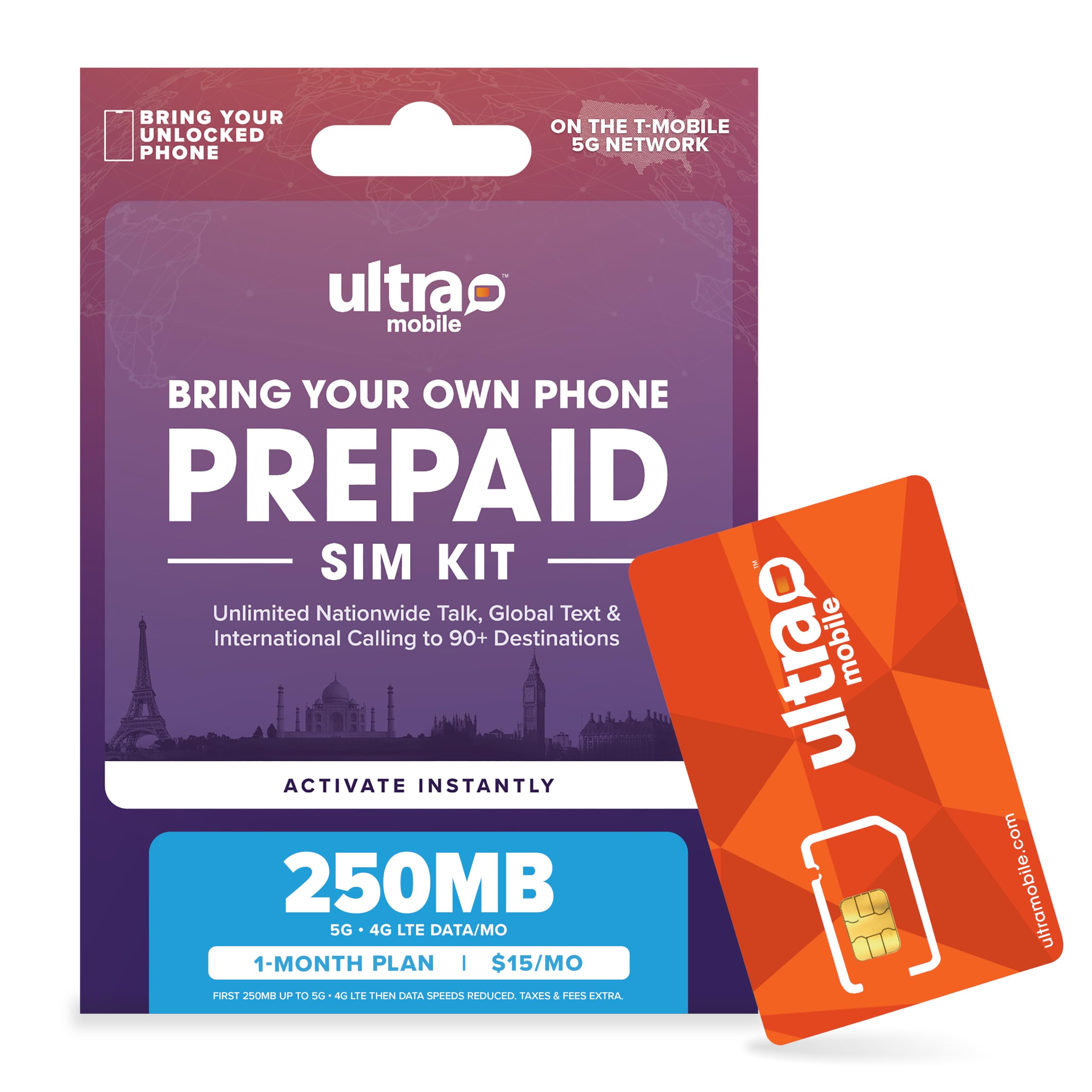 Ultra Mobile Prepaid Phone Plan with Unlimited Talk, Text and 5G • 4G LTE Data (SIM Card Kit) (1-Month, 250MB/mo.)