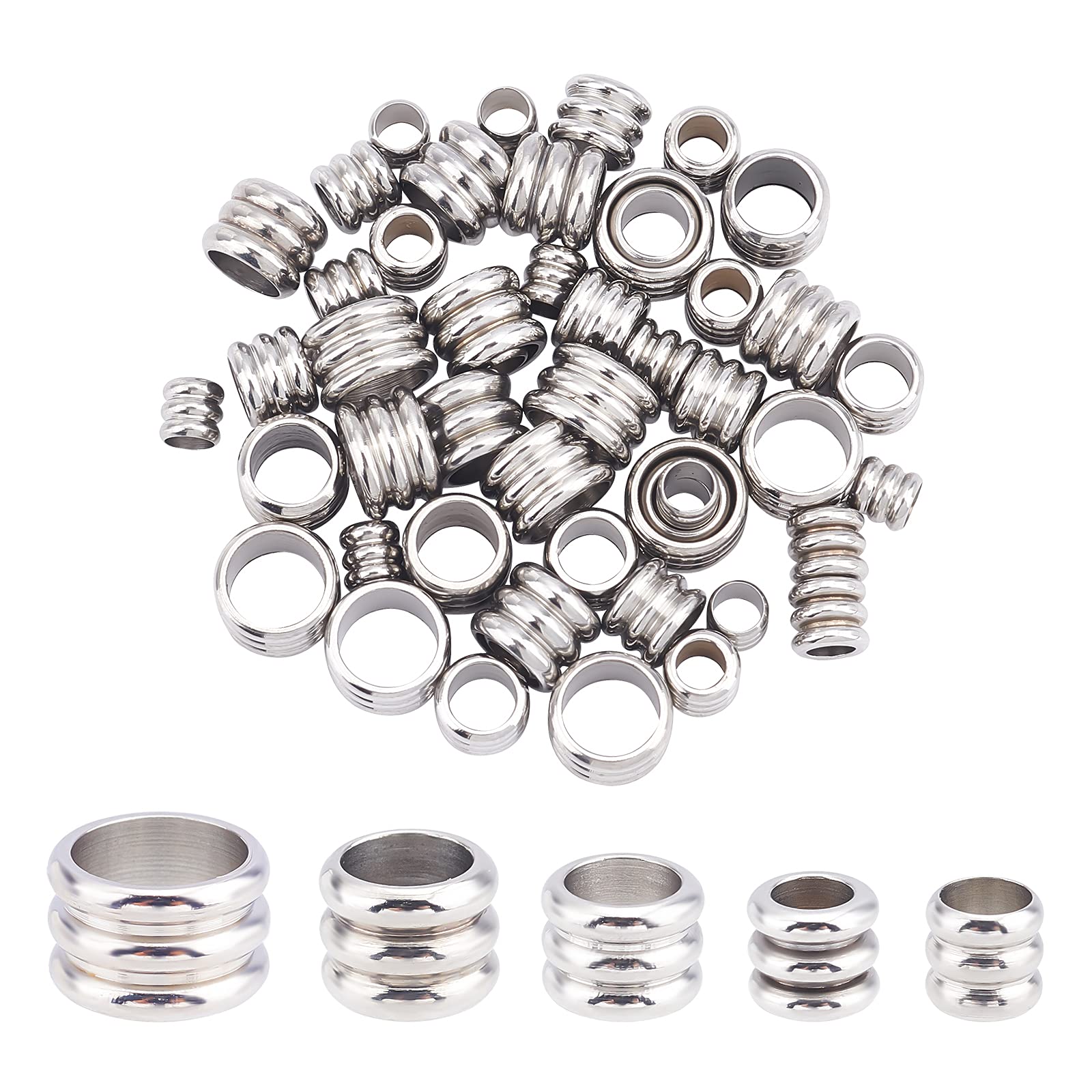 UNICRAFTALE 50pcs Lanyard Beads (5 Sizes, 304 Stainless Steel) - Grooved Column Loose Beads (4/5/6/7/8mm) for DIY Bracelet, Necklace & Jewelry Making