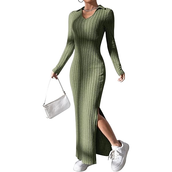 YiwanZHne Women's Knit Midi Dress Long Sleeve Lapel Collar