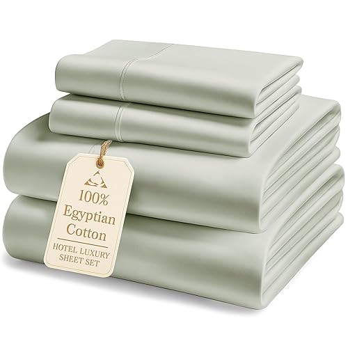 LANE LINEN 100% Egyptian Cotton Bed Sheets sábanas Queen, Soft & Comfy Luxury Hotel Like Thick Bedding Sheets & Pillowcase Set, Machine Wash Cooling 16'' Queen Deep Pocket Sheet Set Mineral