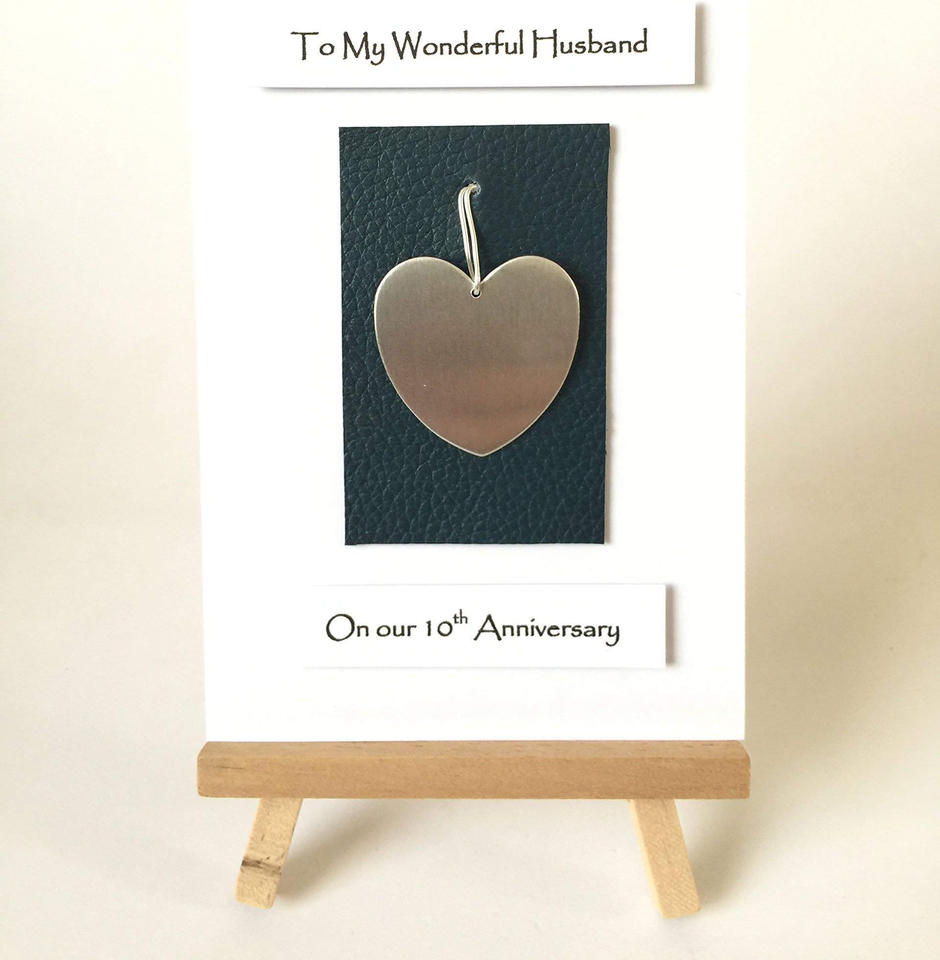 10th Wedding Anniversary Card Aluminium Tin Anniversary Wife Husband Her Him - Aluminium Heart Pendant on Leather - A6 Card size 105mm x 147mm 4.13" x 5.83"