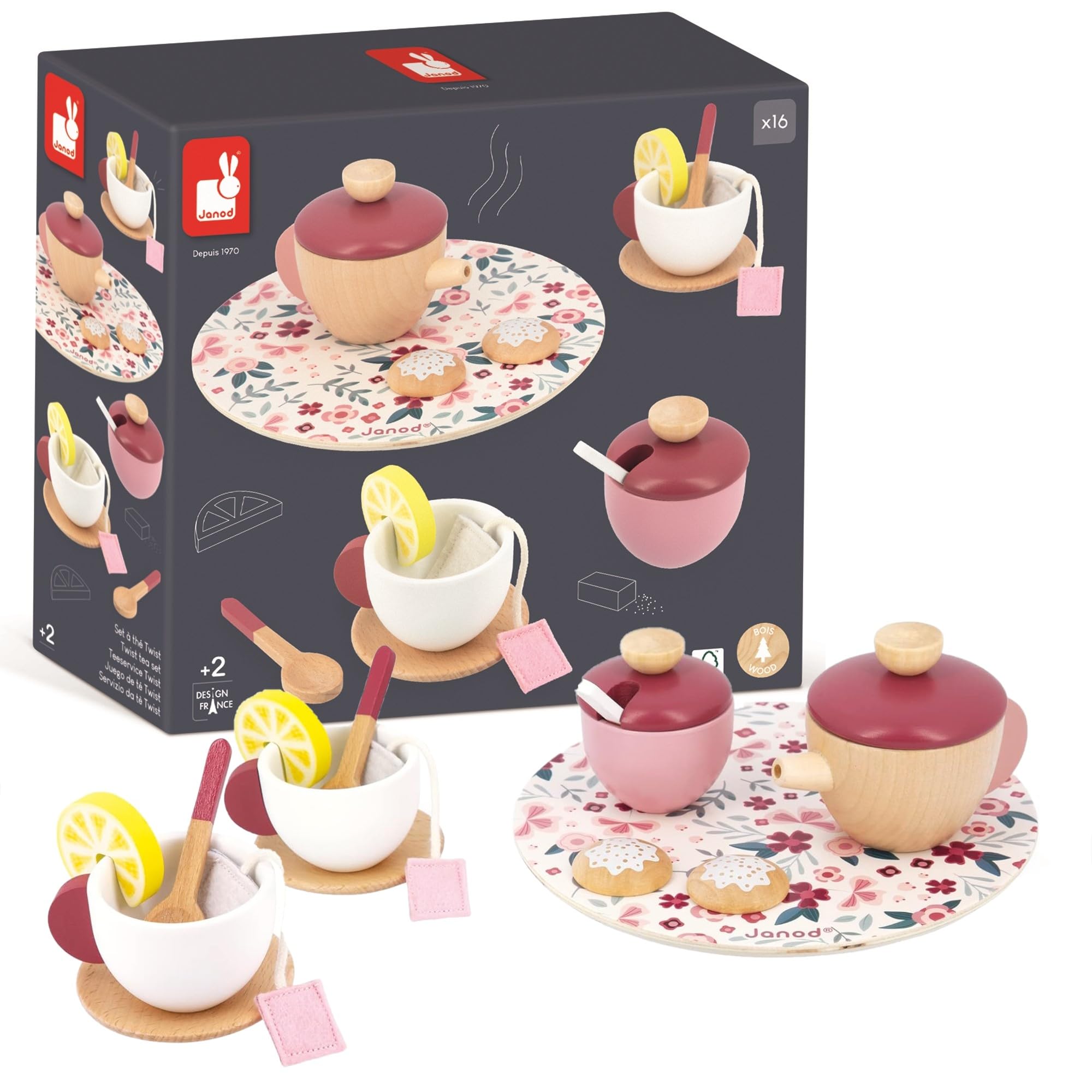 Janod - Twist Tea Set - 16 FSC Wood and Felt Accessories - Pretend Play Toy - Children’s Tea Set - FSC Wooden Toy - 2 Years +, J06631
