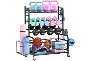 VOPEAK Dumbbell Rack, Weight Rack for Home Gym, Weight Rack for Dumbbells with Wheels and Hooks, Home Gym Storage Rack for Yoga Mat Kettlebells and Strength Training Equipment, Powder Coated Finish Steel