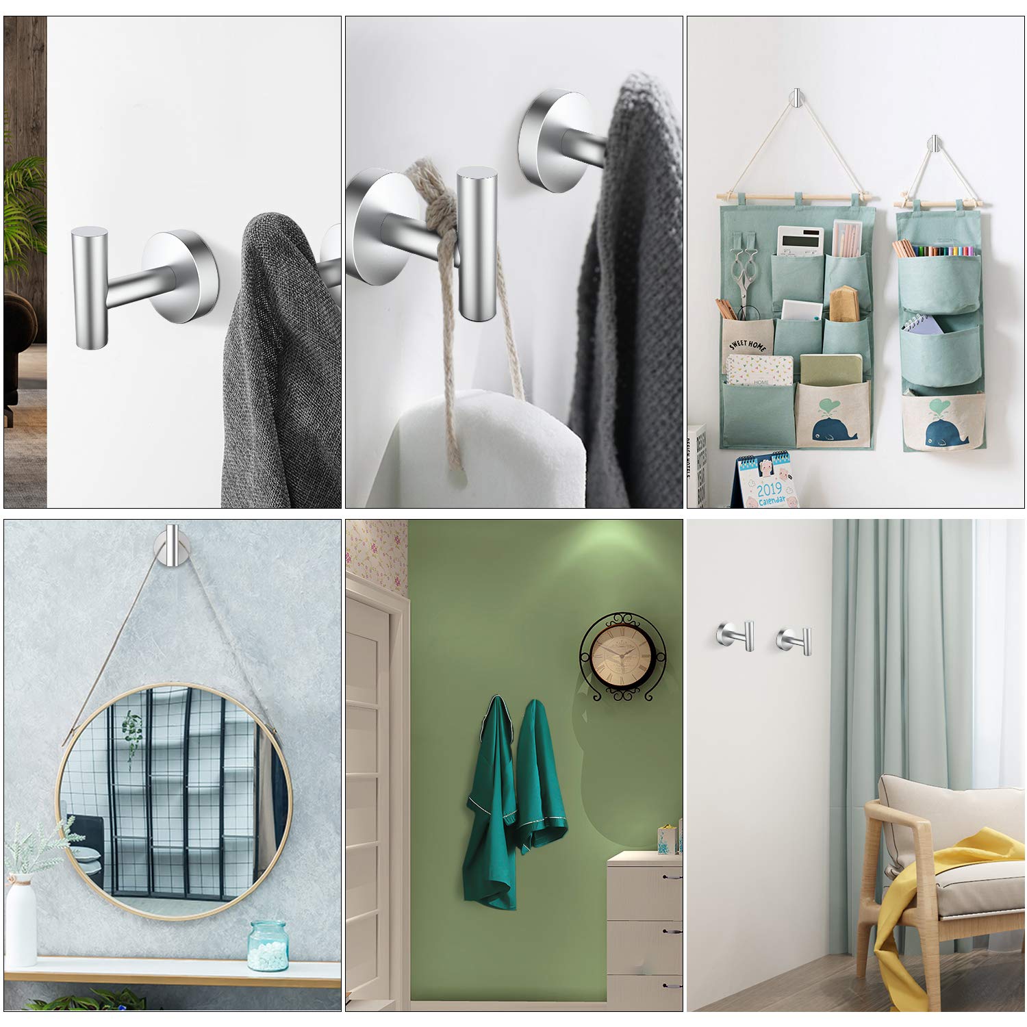 HomGif Towel Robe Hook Wall Mount for Bathroom SUS 304 Stainless Steel Brushed Finish (Silver, 1)