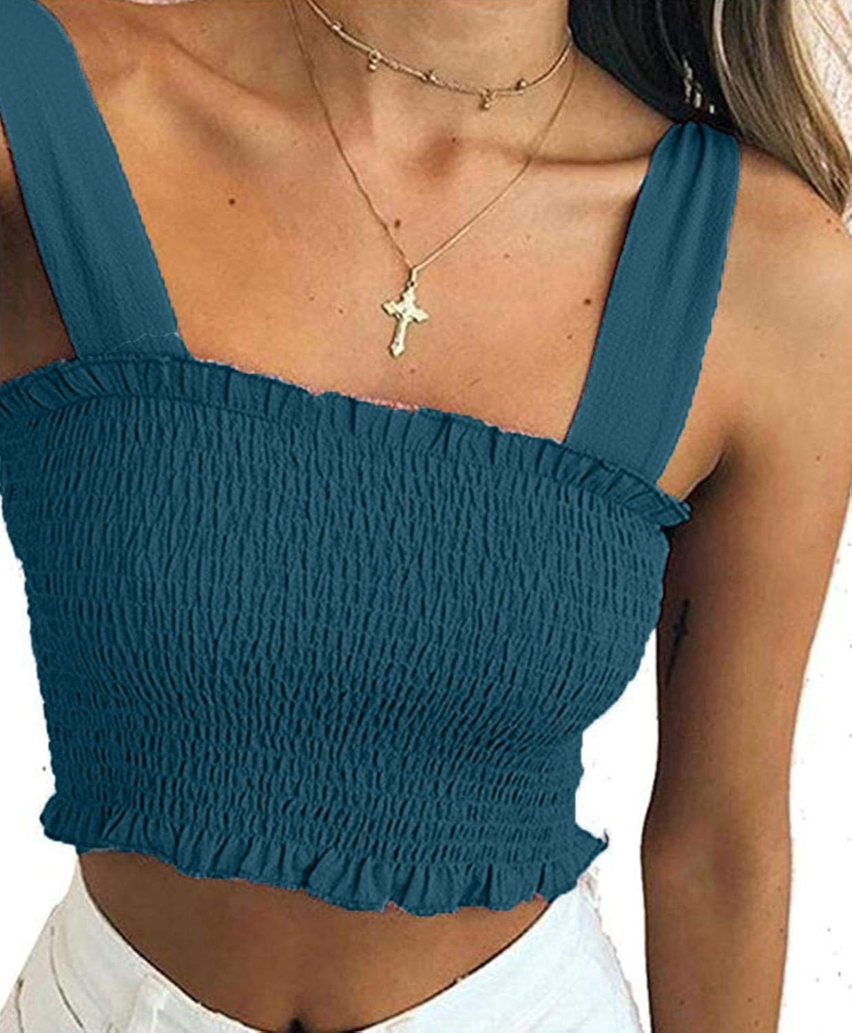 Lofbaz Women's Frill Smocked Crop Tank Top Tie Shoulder Strap Vest