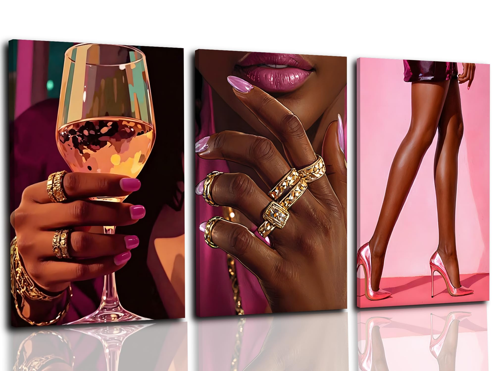 Photo 1 of 3 Pcs Pink Black Girl Wall Art, African American Women Painting Poster, Fashion Black Girl Canvas Print Pictures Decor for Living Room, Office, Bedroom Wall Home Decoration