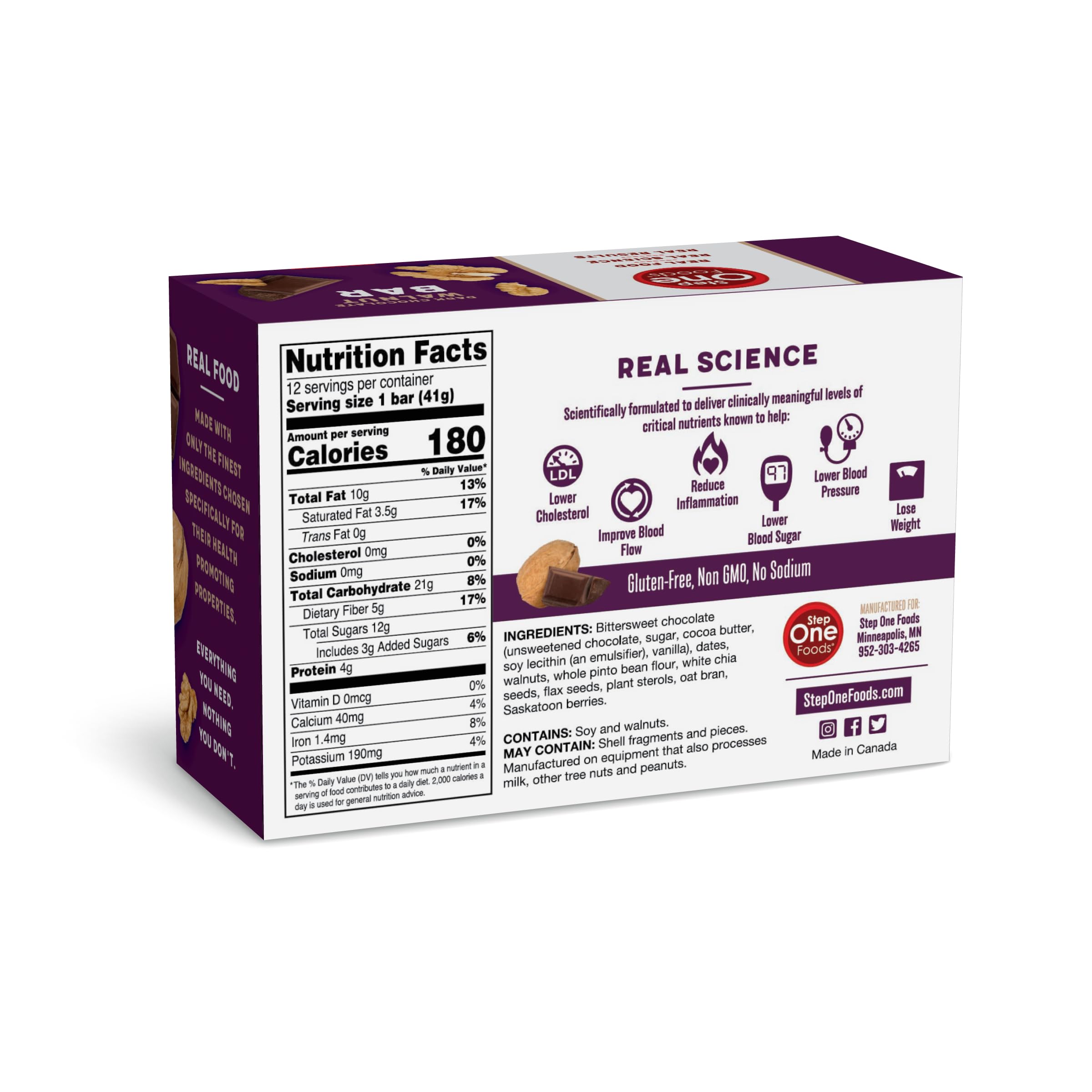 Step One Foods, Dark Chocolate Walnut Bars, Omega 3's and Dietary Fiber Gluten Free, Non-GMO, Vegan, Clinically Proven to help Lower Cholesterol (12 Pack)