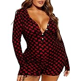 Sorlife Women Valentines Pajamas Y2k Heart Print V Neck Long Sleeve Romper Butt Flap Button Bodycon Shorts Jumpsuit Sleepwear