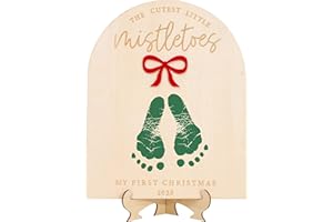 WAWUO 2025 DIY Christmas Footprint or Handprint Art Sign, Baby's First Christmas Footprint Keepsake, Christmas Gift for Grandparents, DIY Mistletoes Footprint Sign (Christmas Footprint Keepsake)