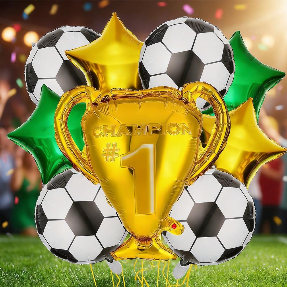 Football Balloons Reusable - 18 Inch Foil Balloons for Football Party Decorations, Soccer Theme Birthday Party Supplies with Trophy and Stars (Gold, Green, Black, White)