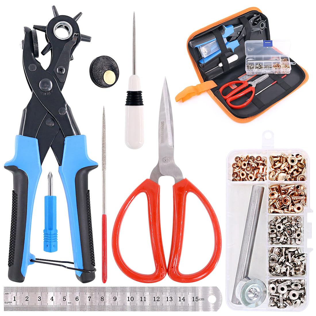 Swpeet 8Pcs Leather Hole Punch Plier with Grommet Eyelets Kit, Professional Puncher including Punch Plier Screwdriver, Scissors, Rule, Awl Tool and Grinding Rod Multi Sized Puncher for Belts, Crafts