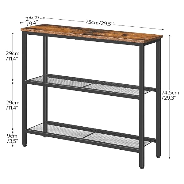 HOOBRO 29.5″ NARROW CONSOLE TABLE, 3-TIER ENTRYWAY TABLE, THIN SOFA TABLE WITH SHELVES, SIDE TABLE, DISPLAY TABLE, FOR HALLWAY, ENTRANCE, LIVING ROOM, BEDROOM, RUSTIC BROWN AND BLACK BF73XG01